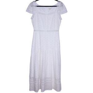 JUST ME Eyelet Maxi Dress White Lined Short Sleeve Cottagecore Women's M